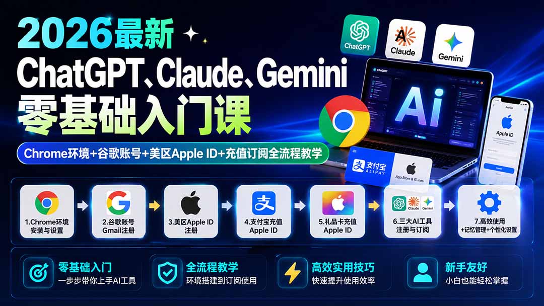 2026最新ChatGPT、Claude、Gemini零基础入门课：Chrome环境+谷歌账号+美区Apple ID+充值订阅全流程教学-HFXZHAN网创