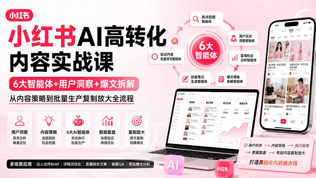 小红书AI高转化内容实战课：6大智能体+用户洞察+爆文拆解，从内容策略到批量生产复制放大全流程-HFXZHAN网创