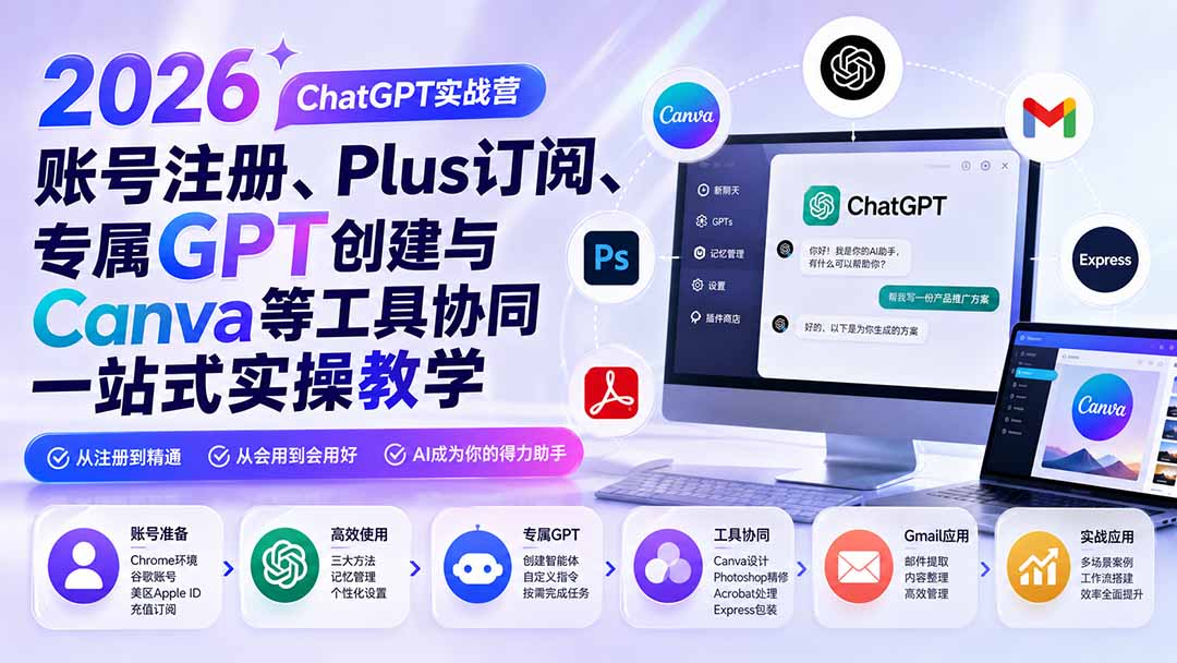 2026 ChatGPT实战营；账号注册、Plus订阅、专属GPT创建与Canva等工具协同一站式实操教学-HFXZHAN网创
