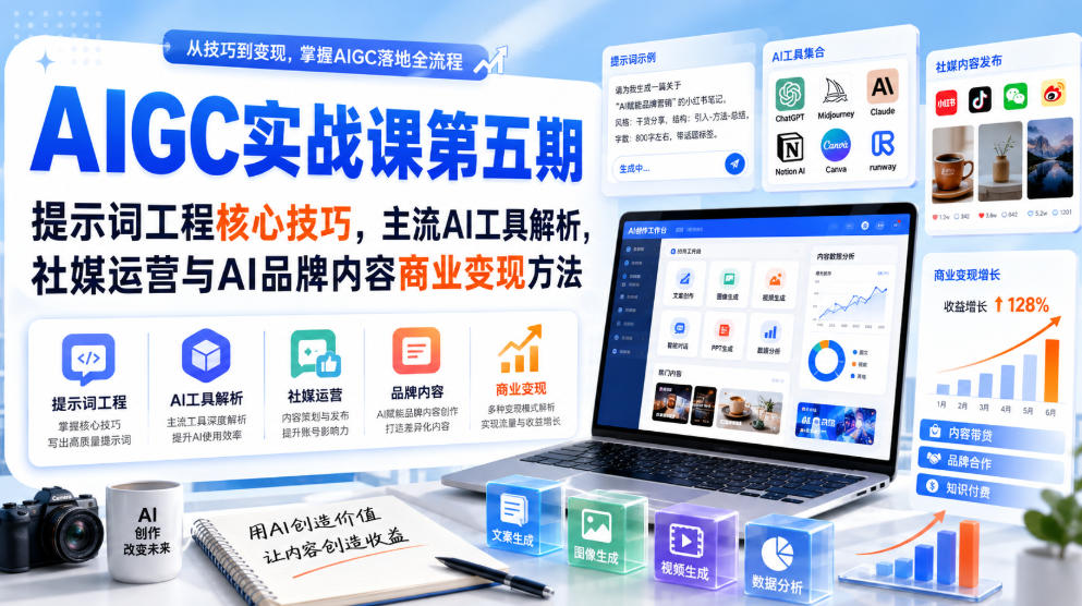 刺猬星球·AIGC实战课第五期，提示词工程核心技巧，主流AI工具解析，社媒运营与AI品牌内容商业变现方法-HFXZHAN网创