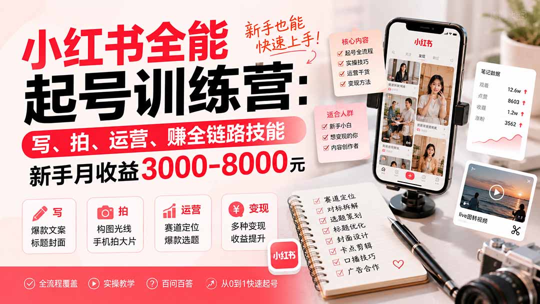 小红书全能起号训练营-更新：写、拍、运营、赚全链路技能，新手月收益3000-8000元-HFXZHAN网创