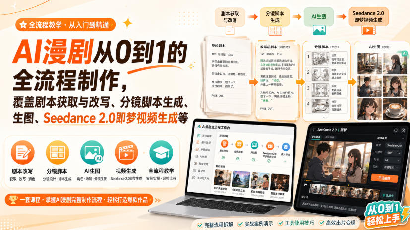 AI漫剧从0到1的全流程制作，覆盖剧本获取与改写、分镜脚本生成、角色场景生图与三视图、Seedance 2.0即梦视频生成(PDF版)-HFXZHAN网创