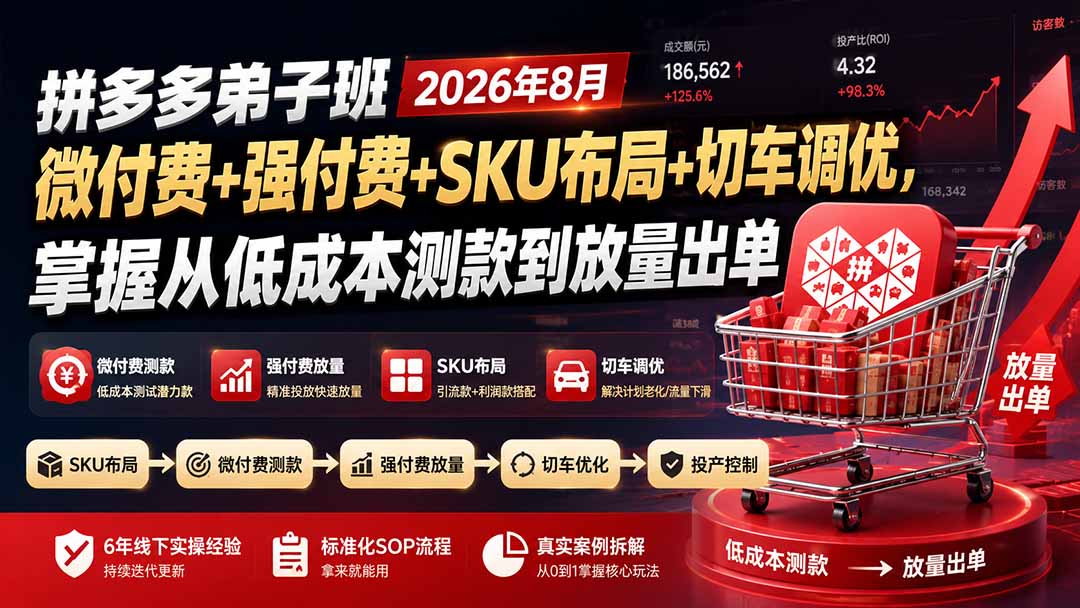 拼多多弟子班2026年8月：微付费+强付费+SKU布局+切车调优，掌握从低成本测款到放量出单-HFXZHAN网创