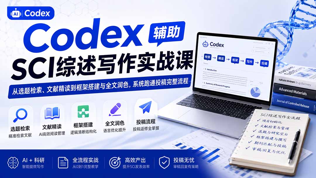 Codex辅助SCI综述写作实战课——从选题检索、文献精读到框架搭建与全文润色，系统跑通投稿完整流程-HFXZHAN网创