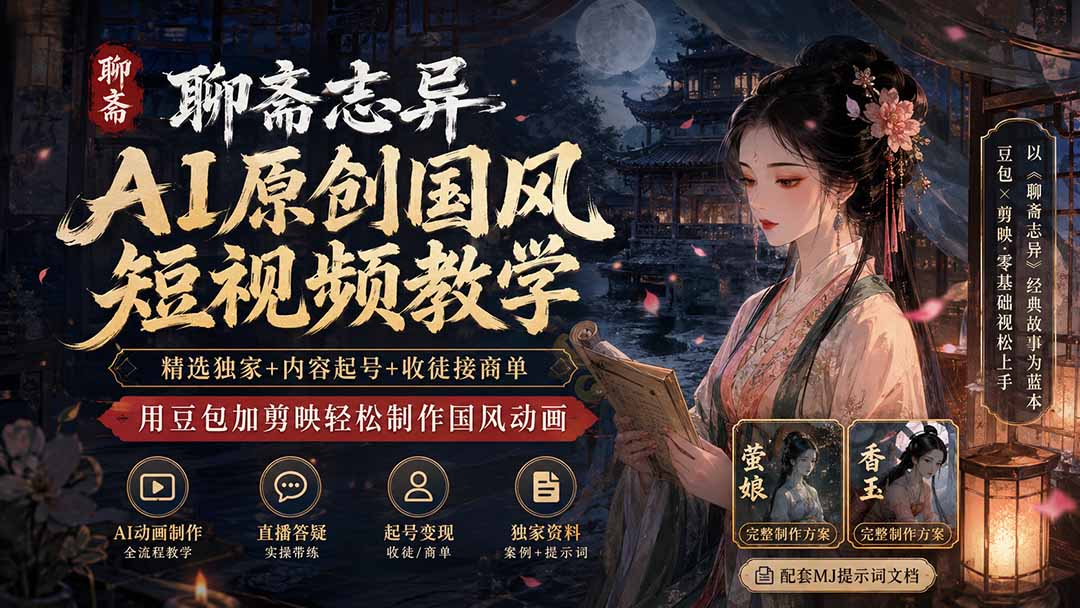 聊斋志异AI原创国风短视频教学-更新；精选独家+内容起号+收徒接商单，用豆包加剪映轻松制作国风动画-HFXZHAN网创