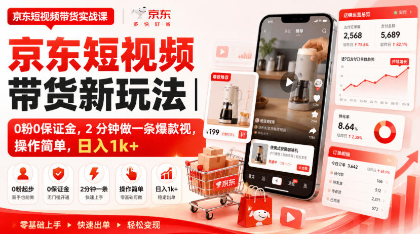 京东短视频带货新玩法｜0粉0保证金，2分钟做一条爆款视，操作简单，日入1k+【揭秘】-HFXZHAN网创