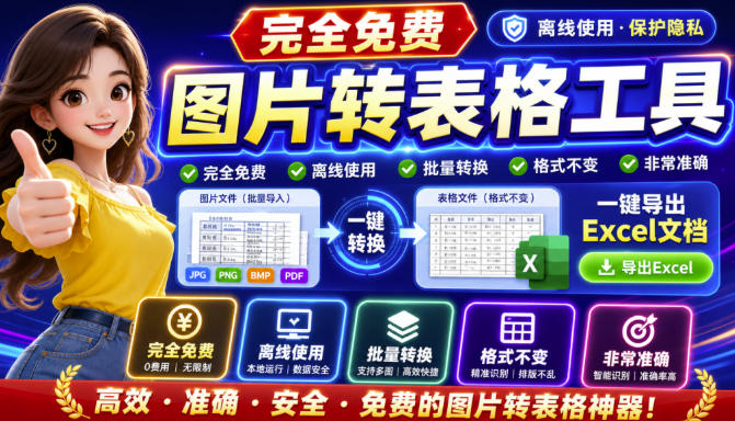 图片表格识别提取工具，支持一键从图片中智能提取表格并导出Excel文件，可离线免网运行，FastTableOCR-HFXZHAN网创