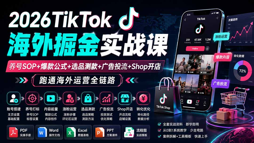 2026TikTok海外掘金实战课——养号SOP+爆款公式+选品测款+广告投流+Shop开店，跑通海外运营全链路-HFXZHAN网创
