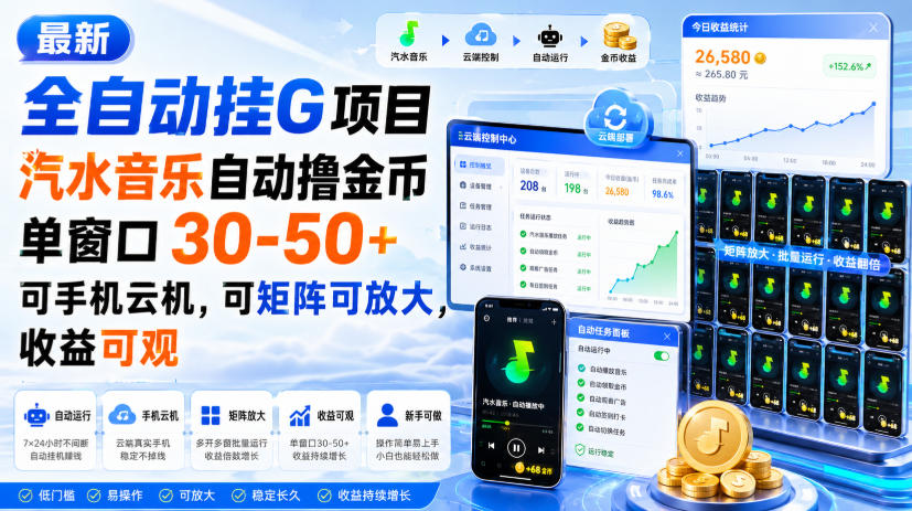 最新全自动挂G项目，汽水音乐自动撸金币单窗口30-50+，可手机云机，可矩阵可放大，收益可观-HFXZHAN网创