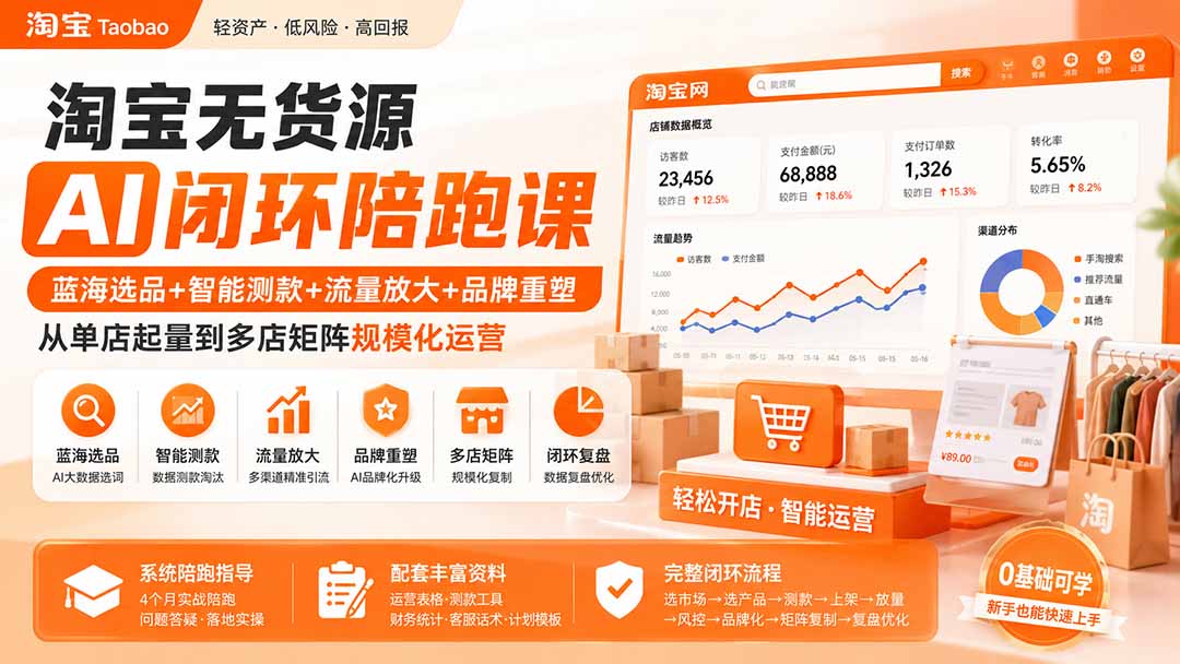 淘宝无货源AI闭环陪跑课：蓝海选品+智能测款+流量放大+品牌重塑，从单店起量到多店矩阵规模化运营-HFXZHAN网创