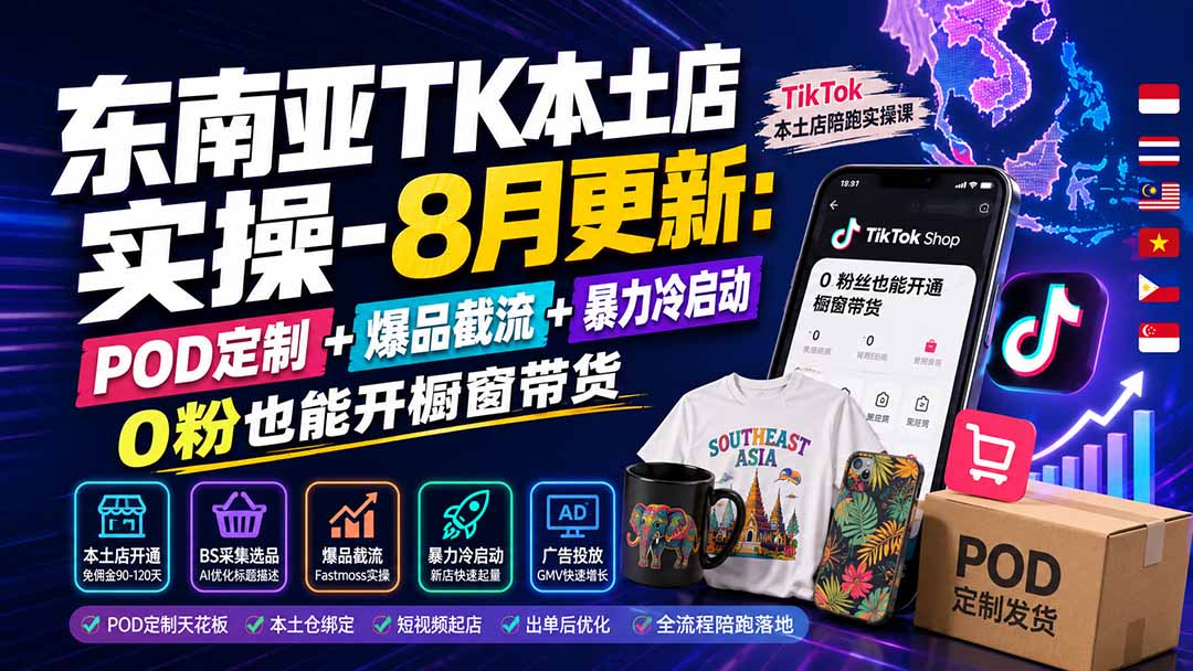 东南亚TK本土店实操-8月更新：POD定制+爆品截流+暴力冷启动，0粉也能开橱窗带货-HFXZHAN网创