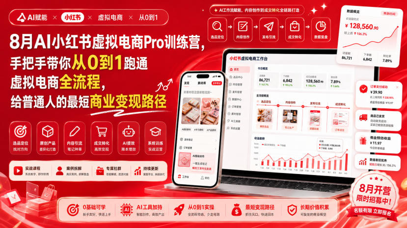 8月AI小红书虚拟电商Pro训练营，手把手带你从0到1跑通虚拟电商全流程，给普通人的最短商业变现路径-HFXZHAN网创