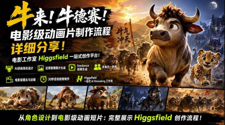 牛来！牛德赛！电影级动画片制作流程详细分享！电影工作室Higgsfield一站式创作平台，完整创作流程-HFXZHAN网创