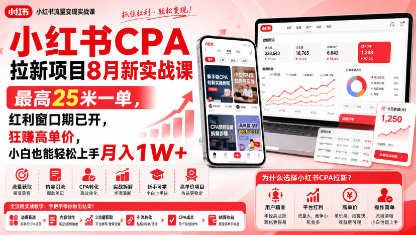 小红书CPA拉新项目8月新实战课，最高25米一单，红利窗口期已开，狂賺高单价，小白也能轻松上手月入1W+-HFXZHAN网创