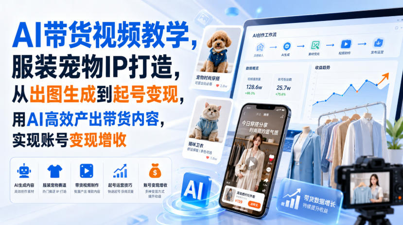 AI带货视频教学，服装宠物IP打造，从出图生成到起号变现，用AI高效产出带货内容，实现账号变现增收-HFXZHAN网创