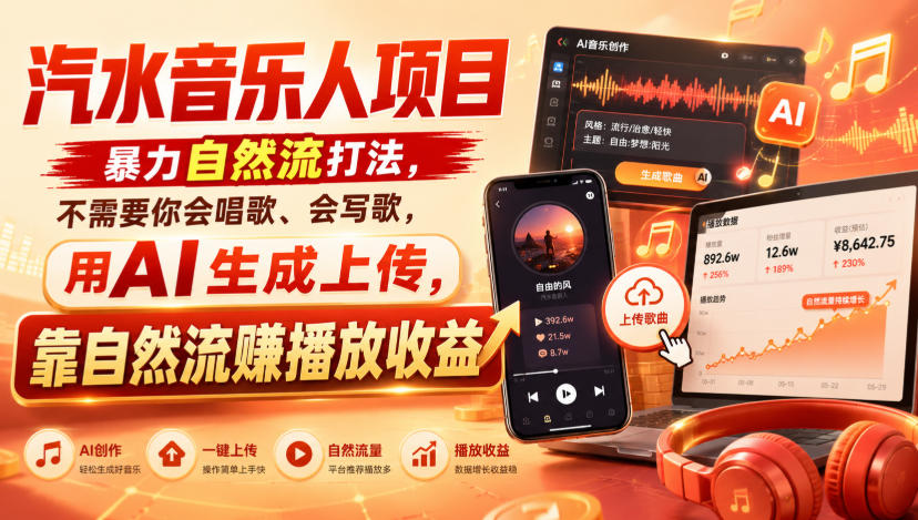 汽水音乐人项目，暴力自然流打法，不需要你会唱歌、会写歌，用AI生成上传，靠自然流賺播放收益-HFXZHAN网创