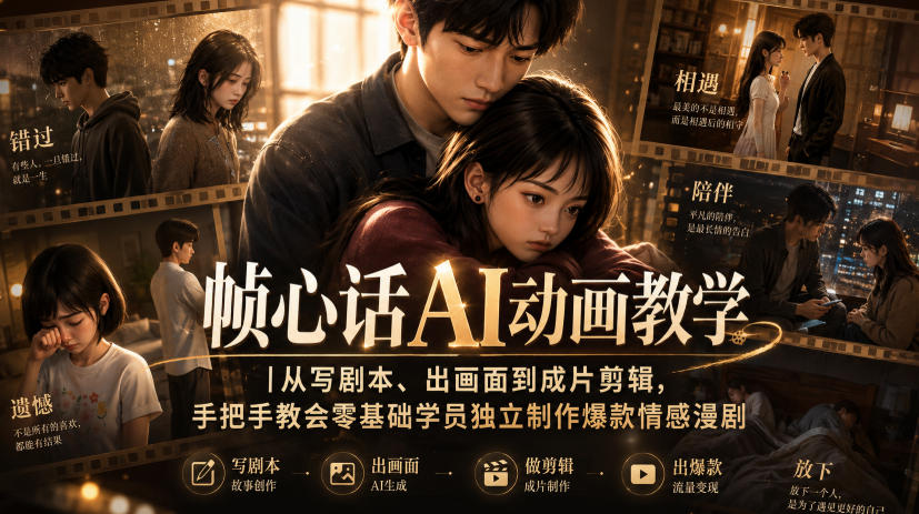 帧心话AI动画教学｜从写剧本、出画面到成片剪辑，手把手教会零基础学员独立制作爆款情感漫剧-HFXZHAN网创