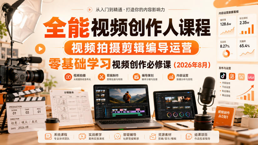 全能视频创作人课程，视频拍摄剪辑编导运营，零基础学习视频创作必修课(2026年8月)-HFXZHAN网创