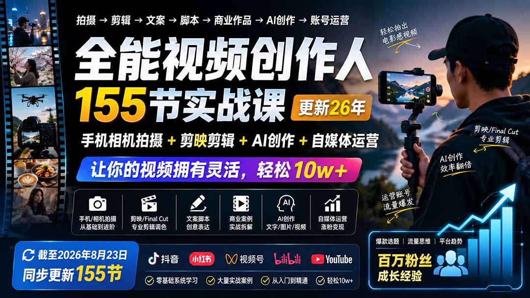 全能视频创作人155节实战课-更新26年8月：手机相机拍摄+剪映剪辑+AI创作+自媒体运营，让你的视频拥有灵活，轻松10w-HFXZHAN网创