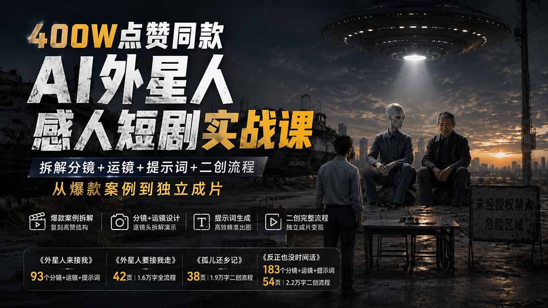 400W点赞同款AI外星人感人短剧实战课：拆解分镜+运镜+提示词+二创流程，从爆款案例到独立成片-HFXZHAN网创