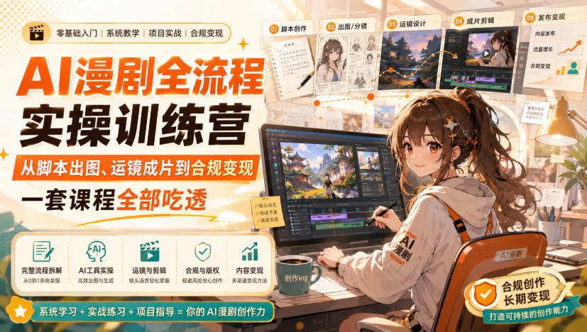AI漫剧全流程实操训练营，从脚本出图、运镜成片到合规变现，一套课程全部吃透-HFXZHAN网创