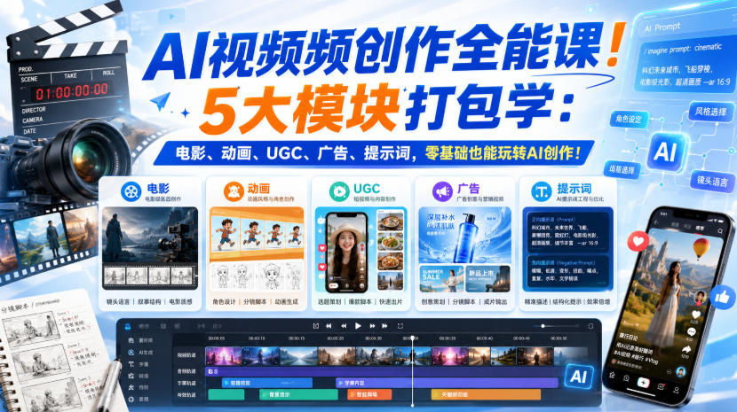 AI视频频创作全能课！5大模块打包学：电影、动画、UGC、广告、提示词，零基础也能玩转AI创作！【原创双语字幕】-HFXZHAN网创