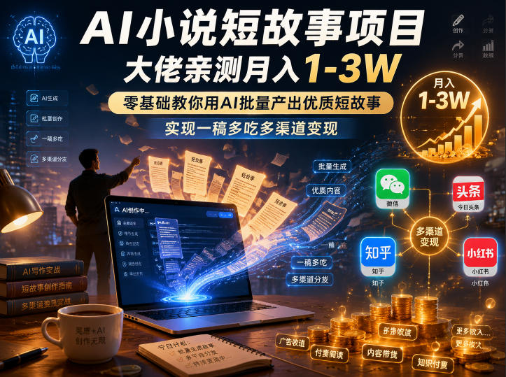 AI小说短故事项目，大佬亲测月入1-3W，零基础教你用AI批量产出优质短故事，实现一稿多吃多渠道变现(更新0824)-HFXZHAN网创
