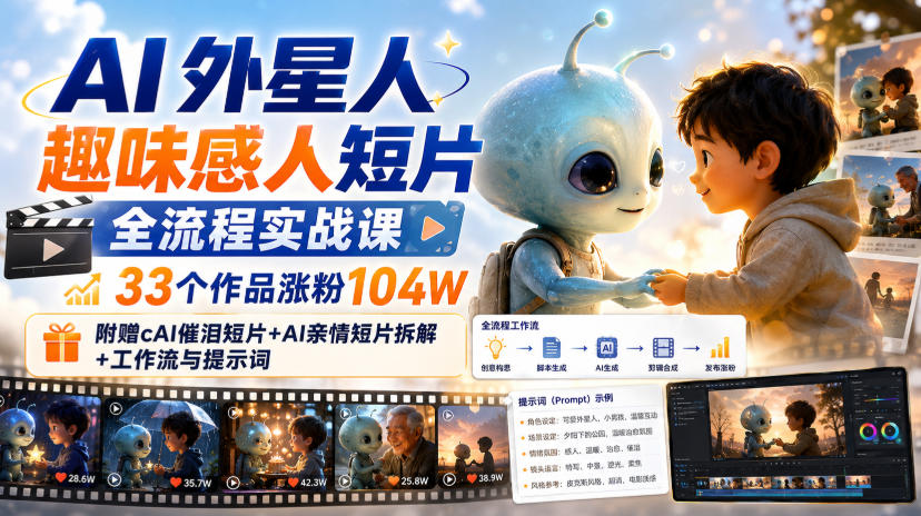 AI外星人趣味感人短片全流程实战课，33个作品涨粉104W，附赠AI催泪短片+AI亲情短片拆解+工作流与提示词-HFXZHAN网创