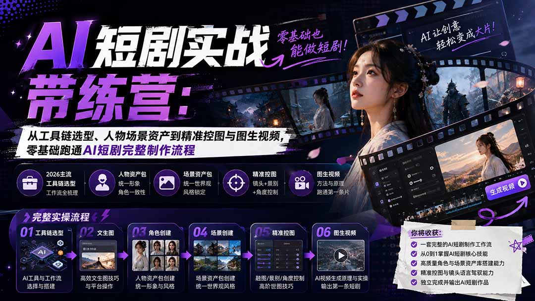 AI短剧实战训练营：从工具链选型、人物场景资产到精准控图与图生视频，零基础跑通AI短剧完整制作流程-HFXZHAN网创