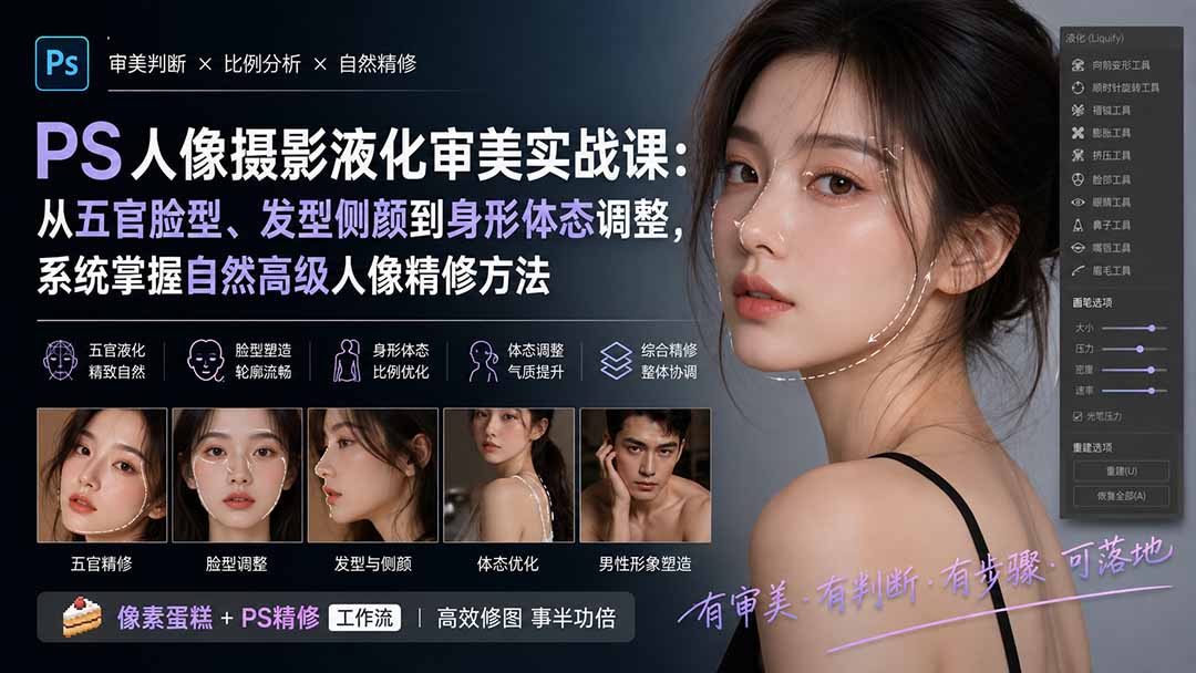 PS人像摄影液化审美实战课：从五官脸型、发型侧颜到身形体态调整，系统掌握自然高级人像精修方法-HFXZHAN网创