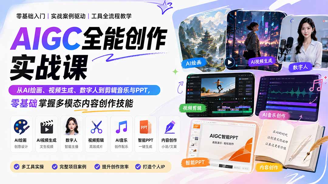 AIGC全能创作实战课：从AI绘画、视频生成、数字人到剪辑音乐与PPT，零基础掌握多模态内容创作技能-HFXZHAN网创