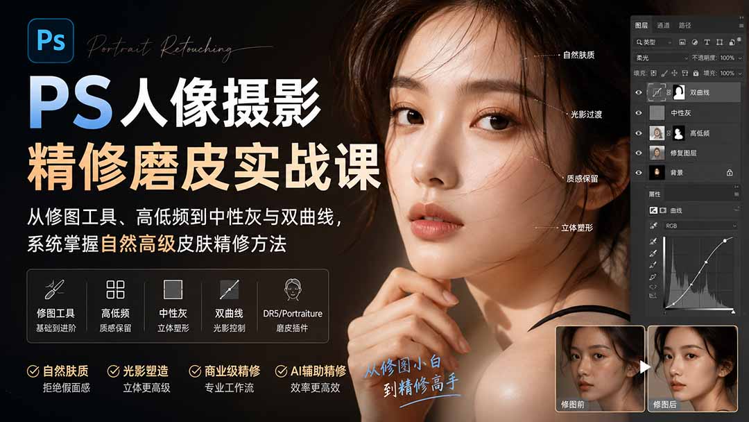 PS人像摄影精修磨皮实战课：从修图工具、高低频到中性灰与双曲线，系统掌握自然高级皮肤精修方法-HFXZHAN网创