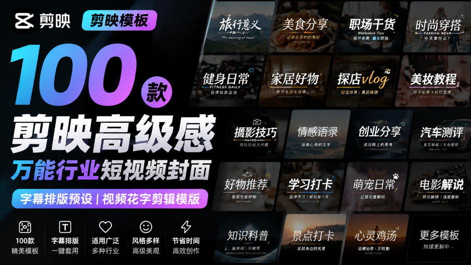 【剪映模板】100款剪映高级感万能行业短视频封面字幕排版预设视频花字剪辑模版-HFXZHAN网创