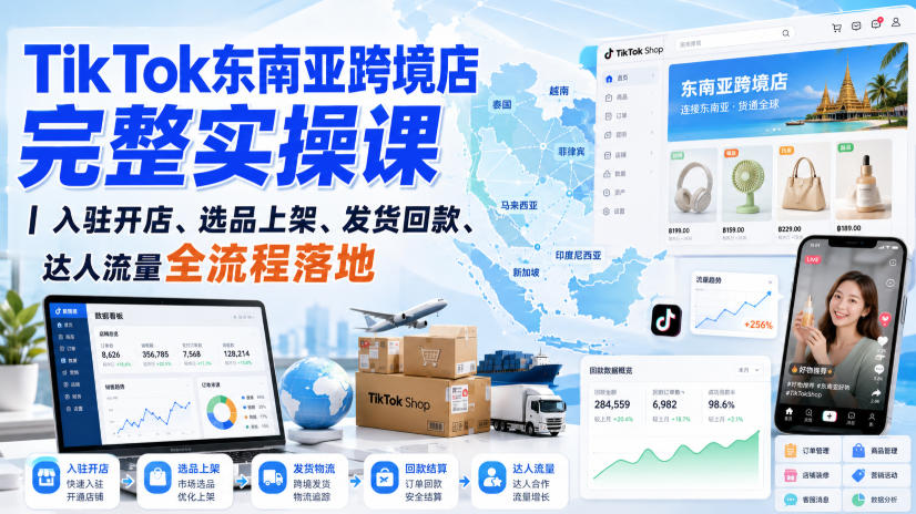 TikTok东南亚跨境店完整实操课｜入驻开店、选品上架、发货回款、达人流量全流程落地-HFXZHAN网创