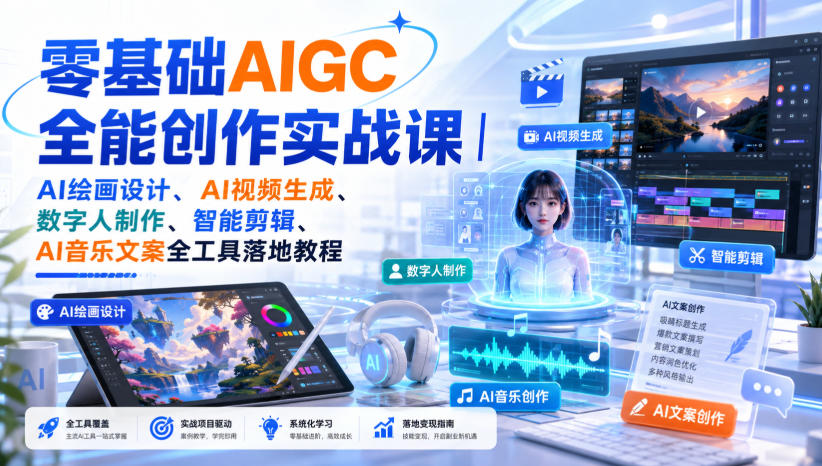 零基础AIGC全能创作实战课｜AI绘画设计、AI视频生成、数字人制作、智能剪辑、AI音乐文案全工具落地教程-HFXZHAN网创