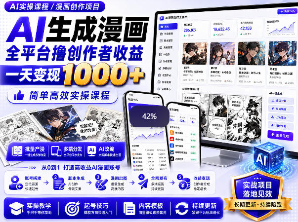 AI生成漫画全平台撸创作者收益内部课程，实操最高单日变现1k+-HFXZHAN网创