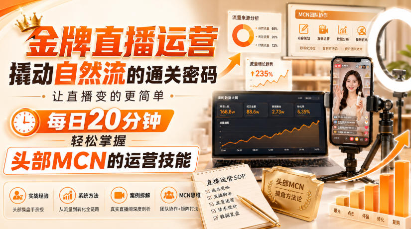 金牌直播运营撬动自然流的通关密码，让直播变的更简单，每日20分钟，轻松掌握头部MCN的运营技能-HFXZHAN网创