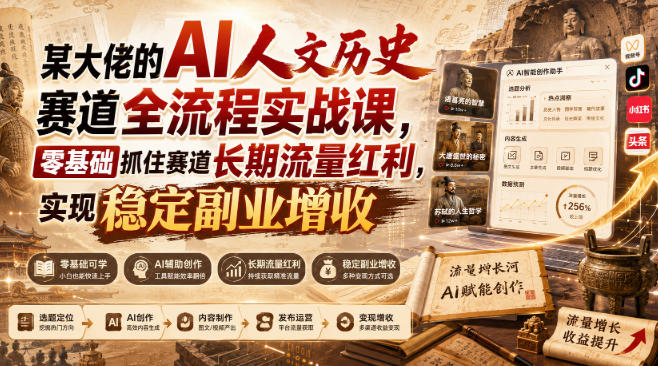 某大佬的AI人文历史赛道全流程实战课，零基础抓住赛道长期流量红利，实现稳定副业增收-HFXZHAN网创