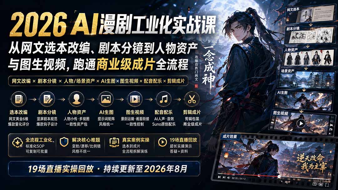 2026 AI漫剧工业化实战课-更新：从网文选本改编、剧本分镜到人物资产与图生视频，跑通商业级成片全流程-HFXZHAN网创