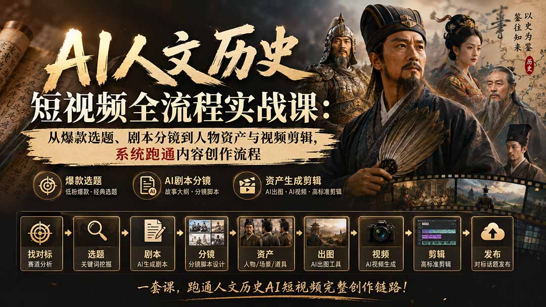 AI人文历史短视频全流程实战课：从爆款选题、剧本分镜到人物资产与视频剪辑，系统跑通内容创作流程-HFXZHAN网创