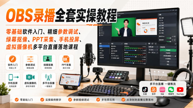 OBS录播全套实操教程｜零基础软件入门、精细参数调试、绿幕抠像、手机投屏、虚拟摄像机多平台直播落地课程-HFXZHAN网创