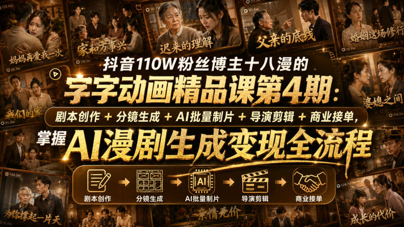 抖音110W粉丝博主十八漫的字字动画精品课第4期：剧本创作+分镜生成+剪辑+商业接单，掌握AI漫剧生成变现全流程-HFXZHAN网创