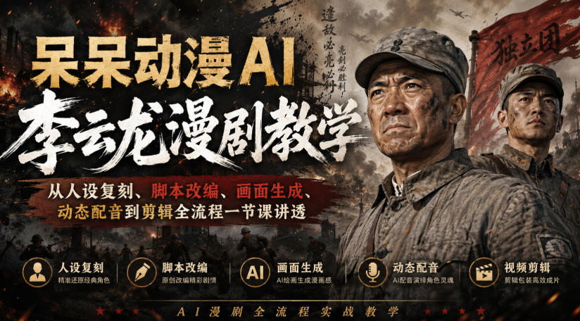 呆呆动漫AI李云龙漫剧教学，从人设复刻、脚本改编、画面生成、动态配音到剪辑全流程一节课讲透-HFXZHAN网创