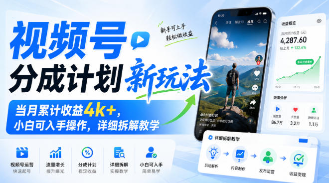视频号分成计划新玩法，当月累计收益4k+，小白可入手操作，详细拆解教学-HFXZHAN网创