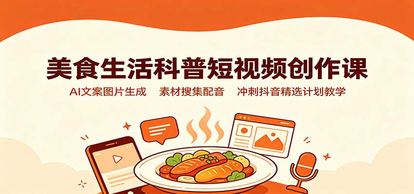美食生活科普短视频创作课：AI文案图片生成，素材搜集配音，冲刺抖音精选计划教学-HFXZHAN网创