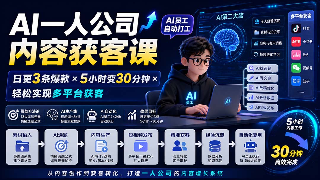 AI一人公司内容获客课-更新8月：日更3条爆款×5小时变30分钟×AI员工自动打工，轻松实现多平台获客-HFXZHAN网创