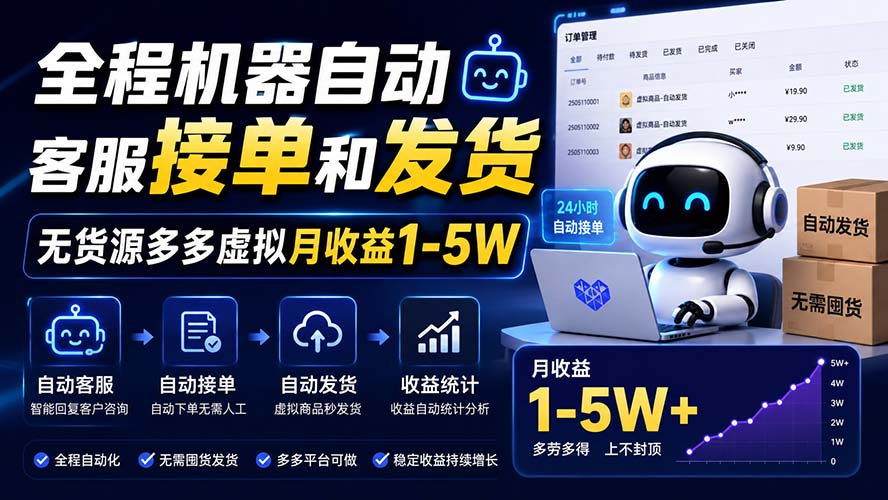 全程机器自动客服接单和发货，无货源多多虚拟月收益1-5W-HFXZHAN网创
