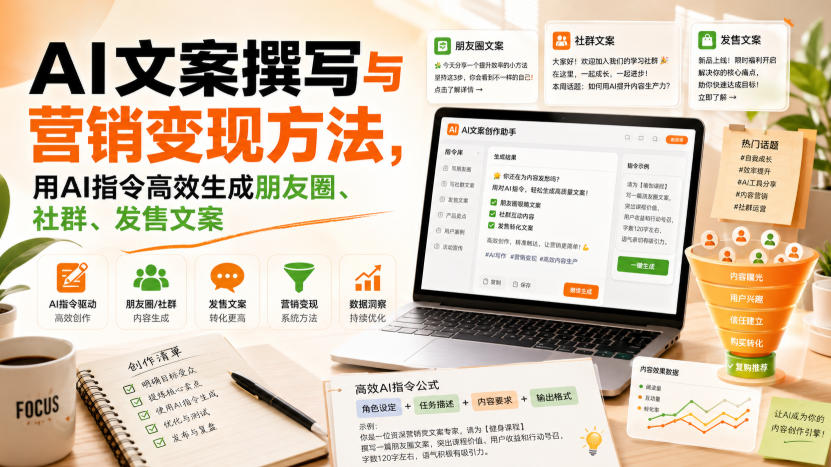 AI文案撰写与营销变现方法，用AI指令高效生成朋友圈、社群、发售文案-HFXZHAN网创