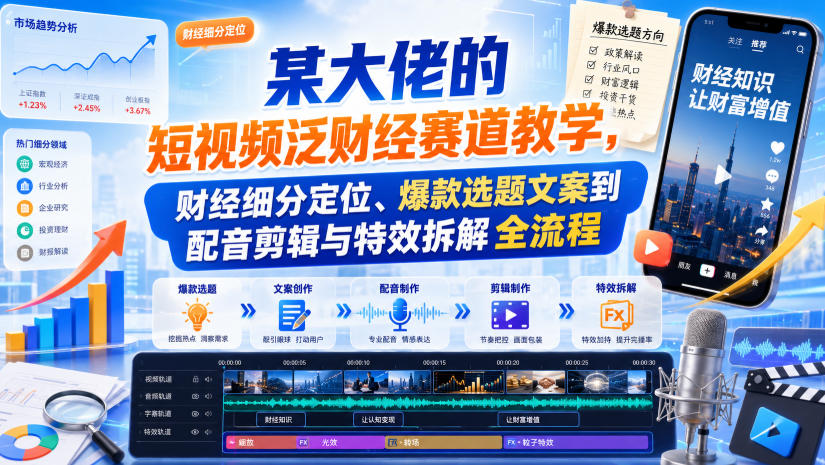 某大佬的短视频泛财经赛道教学，财经细分定位、爆款选题文案到配音剪辑与特效拆解全流程-HFXZHAN网创
