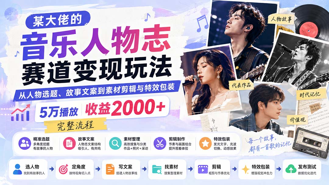 某大佬的音乐人物志赛道变现玩法：从人物选题、故事文案到素材剪辑与特效包装，5万播放收益2000+完整流程-HFXZHAN网创